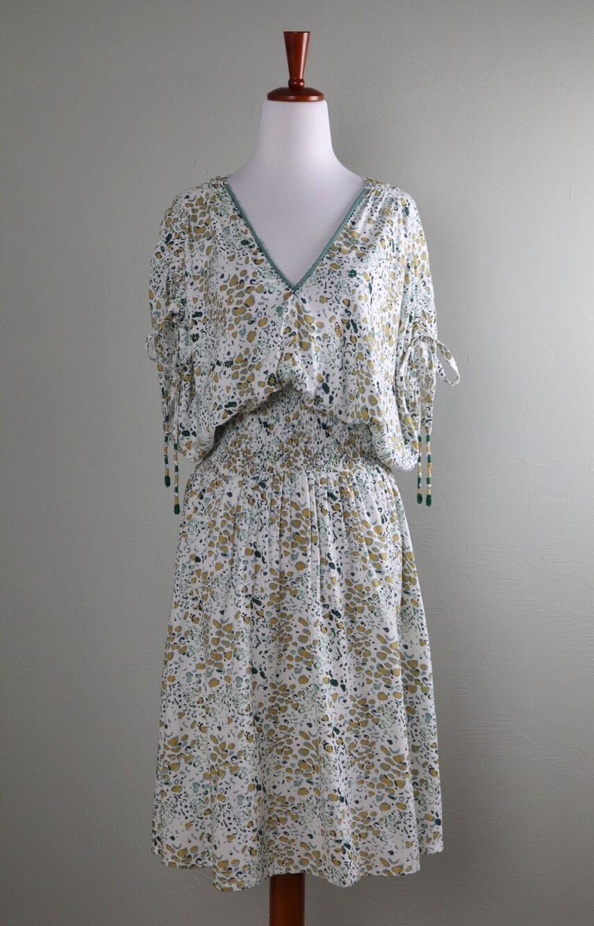 SKEMO Embroidered Beaded Leopard Print Smocked Blouson Dress Size Medium